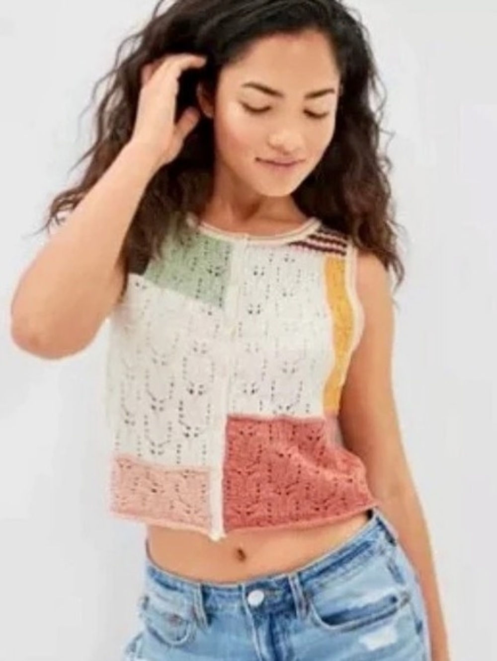 American Eagle AE Patchwork Button-Up Sweater Vest Color Block Medium